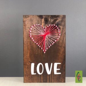 string art decor - Create a heart or write out a name for a lovely piece that can hang on the wall or lean on a shelf.