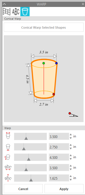 entering cup measurements in the conical warp tool