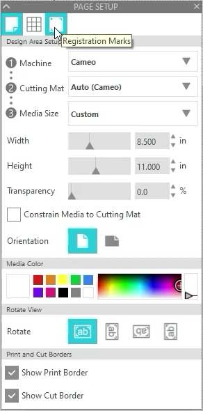 turn on the print and the cut borders on the page setup panel