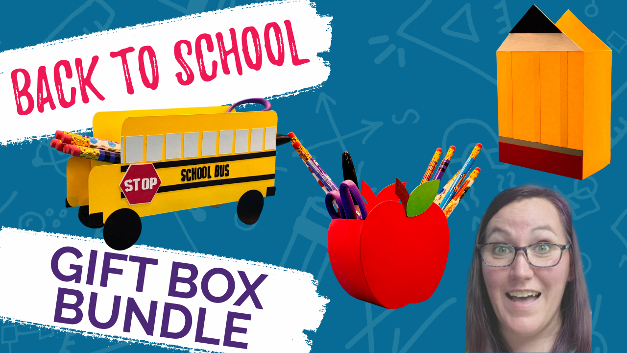 3 gift boxes - a school bus, an apple, and a pencil all made from cardstock. designed by Crafty Christie's Creations
