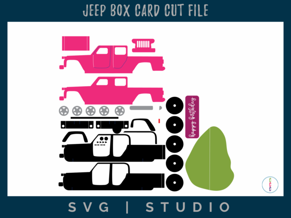 demonstration of the layers to cut and assemble this jeep box card cut file.