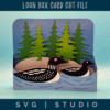 Loon box card: Layered loon designs (mama + baby with authentic spotted patterns!) Forest tree silhouettes with score lines for perfect dimensional folding Water ripple layers for realistic lake effect