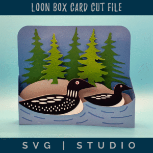 Loon box card: Layered loon designs (mama + baby with authentic spotted patterns!) Forest tree silhouettes with score lines for perfect dimensional folding Water ripple layers for realistic lake effect
