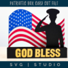 reads god bless on the front with a soldier saluting and an American flag wavying in the background