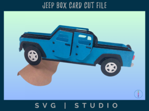 jeep box card that folds flat for mailing. can sit on display on the rock