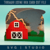 storm cloud with a tornado coming for a red barn. this is a box card