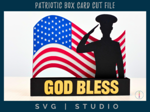 reads god bless on the front with a soldier saluting and an American flag wavying in the background