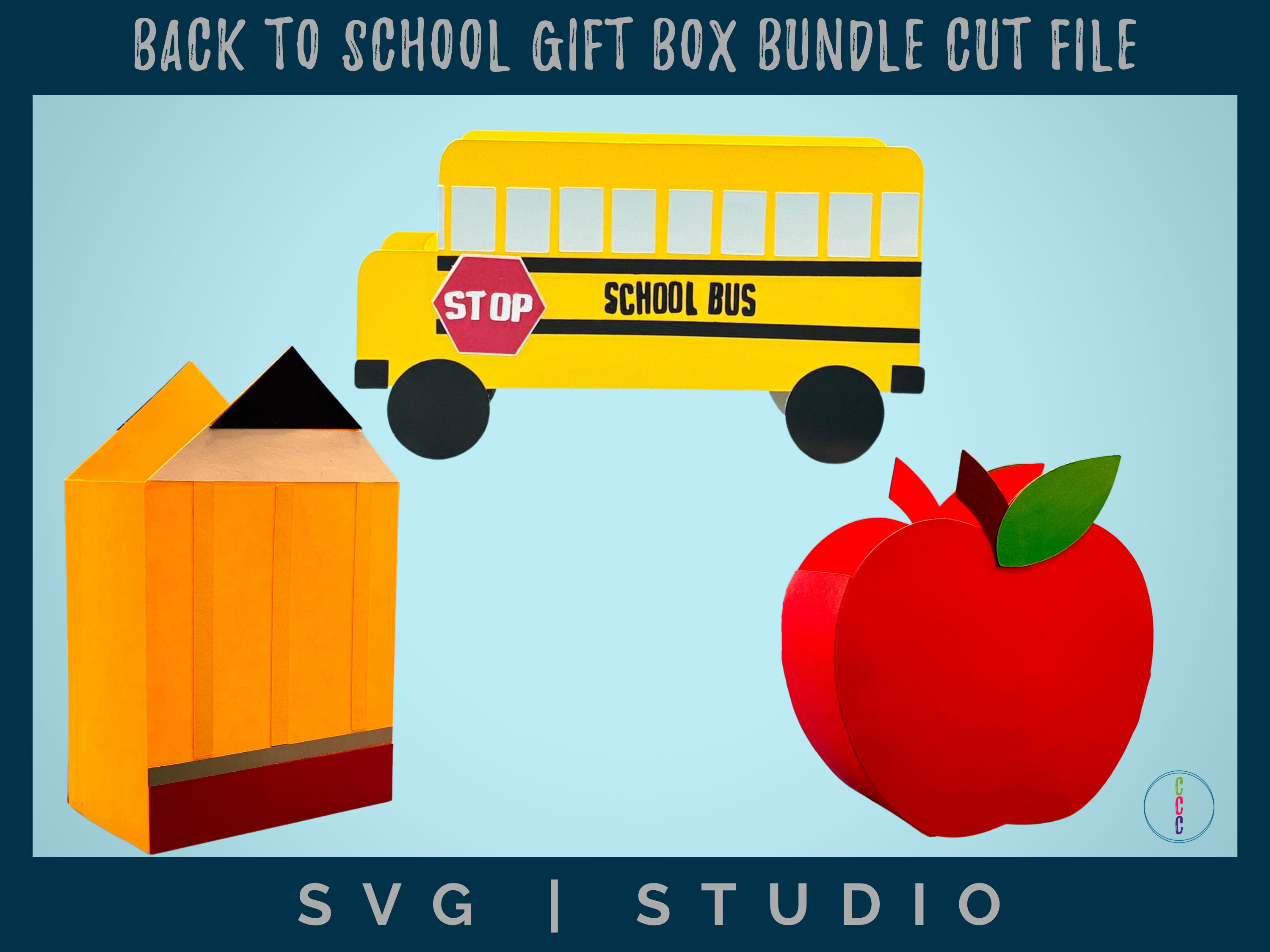 3 gift boxes, a pencil, an apple, and a school bus all made from cardstock.