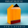 an angled view of the pencil gift box showing off the decorative layers on the front and back that make it look like a pencil along with demonstrating its depth by showing part of the side of the box.