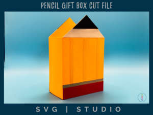 an angled view of the pencil gift box showing off the decorative layers on the front and back that make it look like a pencil along with demonstrating its depth by showing part of the side of the box.