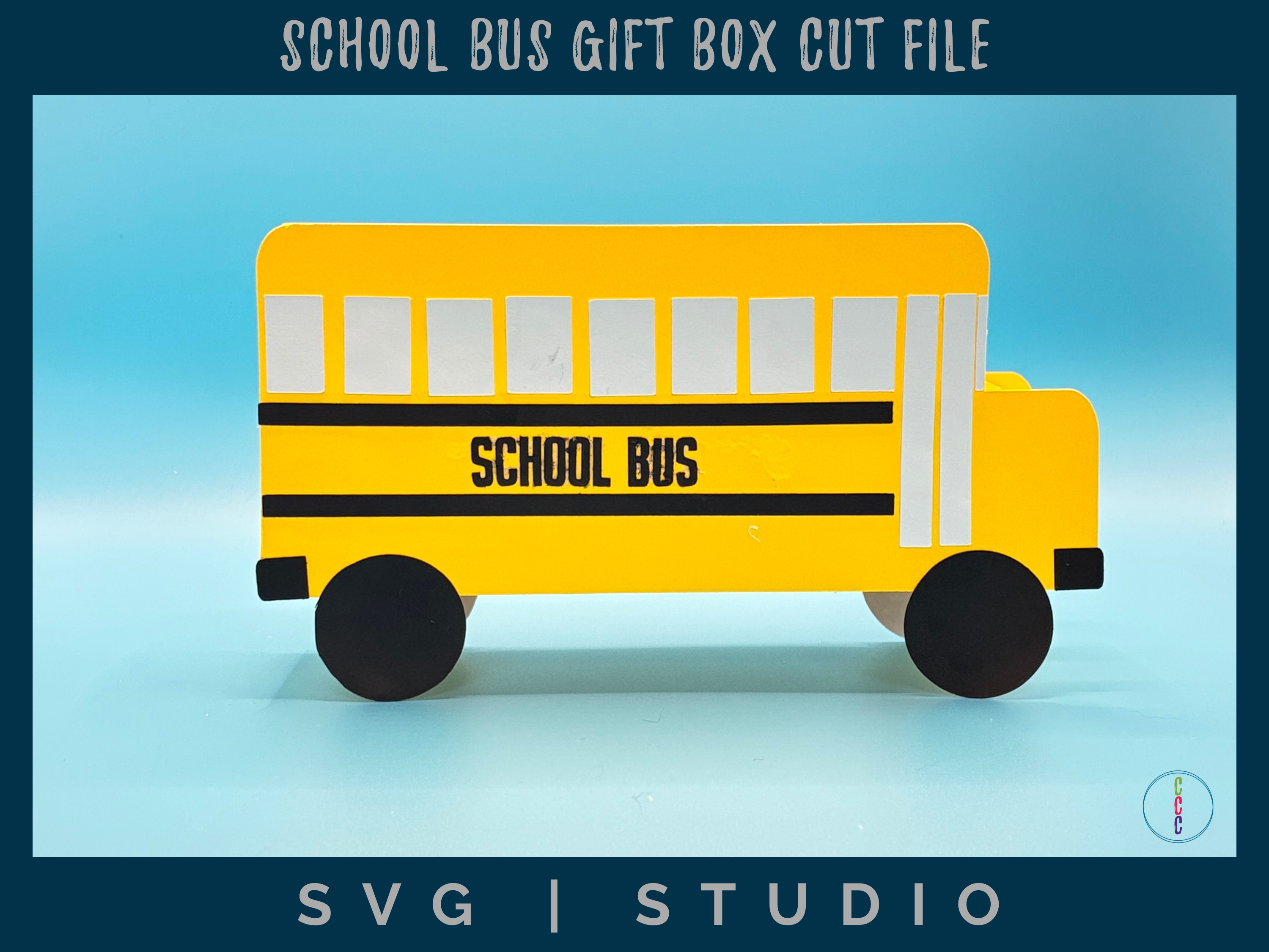 a view of the school bus gift box showing the passenger side with the sliding doors. it says school bus on the side.