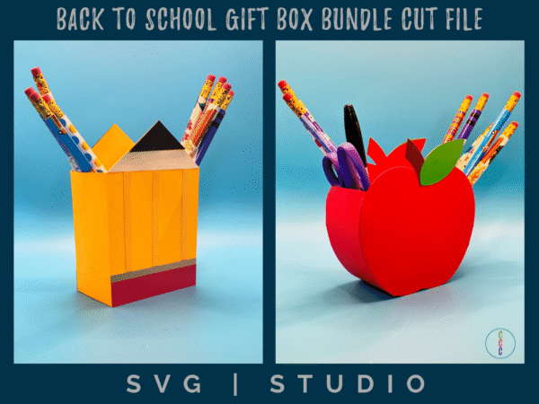 a close up of the pencil gift box and apple gift box. Both have pencils and markers sticking out from the top.