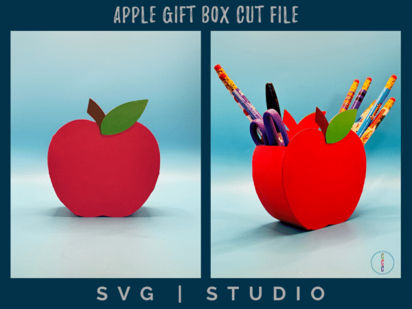 front view of apple box and an angled view of the apple box with school supplies displayed in the box