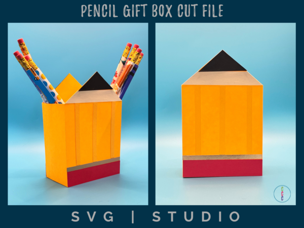 The image on the left is the pencil box with school supplies in the box. on the right is a front on view of the layers on the front and back of the pencil gift box.