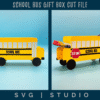 on the left is view of one of the sides of the bus showing the front door. The other is a view of the driver side of the bus with school supplies in the box.