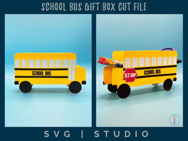 on the left is view of one of the sides of the bus showing the front door. The other is a view of the driver side of the bus with school supplies in the box.