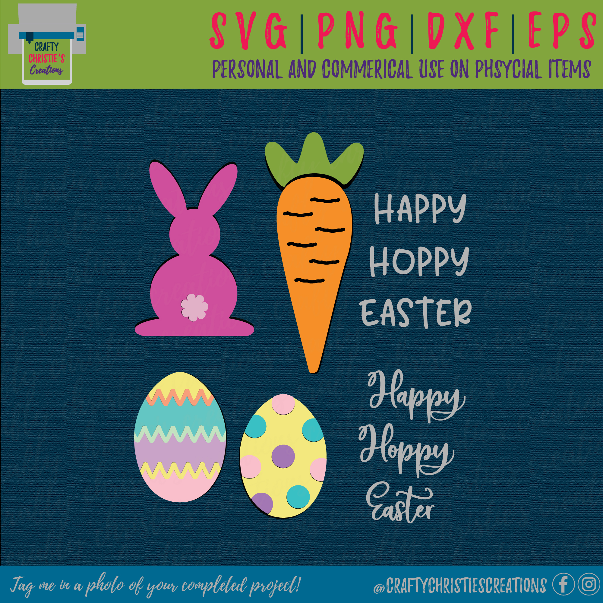 10 designs in this easter bundle, 2 different eggs, a bunny, carrot, and 2 ways to say happy or hoppy easter