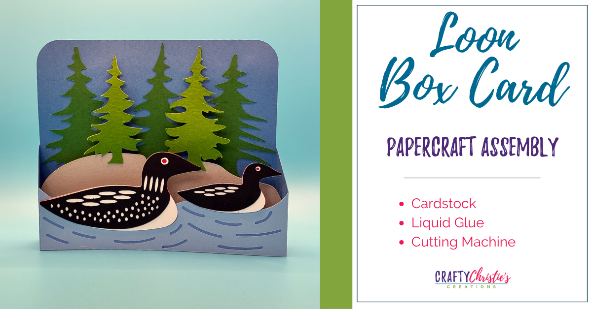 learn how to assemble the loon box card by crafty christie's creations. a momma and a baby loon swimming past a rocky shore with pine trees.