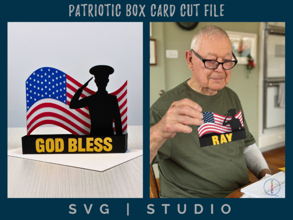 Patriotic box card - right photo is the recipient opening the card. created a different saying for the front. left photo is finished card standing up on an envelope