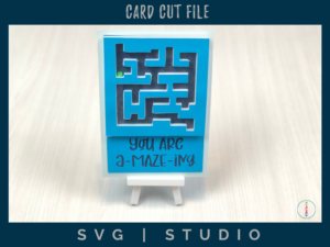 Maze Card by CCC - a finished card in shades of blue. says you are a-maze-ing