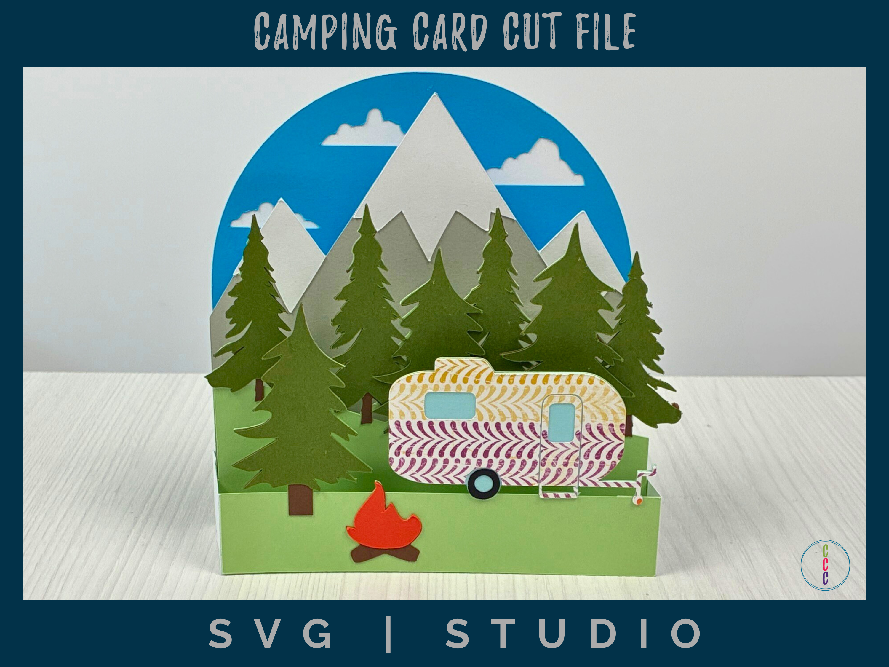 Nature Scene Template Digital SVG Design Mountain Landscape Elements Camping RV Scene Layered Card Making Project Forest Background Design Paper Craft Template Creative Mountain Theme Silhouette Studio File Outdoor Scene Elements