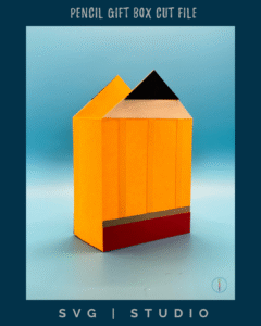 a box in the shape of the pencil with details on the front and back of the box to give the pencil look