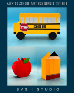 a school bus, apple, and pencil boxes made from cardstock on a Silhouette cutting machine.