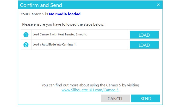 send screen pop up for Silhouette Cameo 5