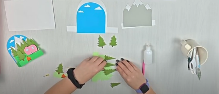 creating the forest scene with paper pieced pine trees