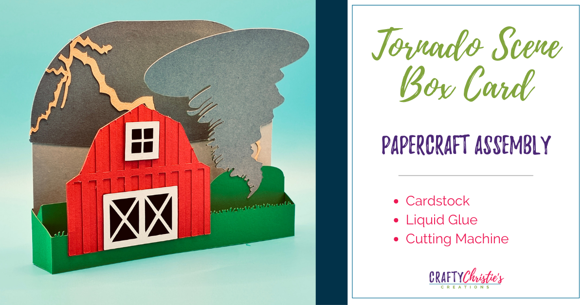 box card with a red barn and a tornado coming from behind. the back of the card is a thundercloud with lightening bolt